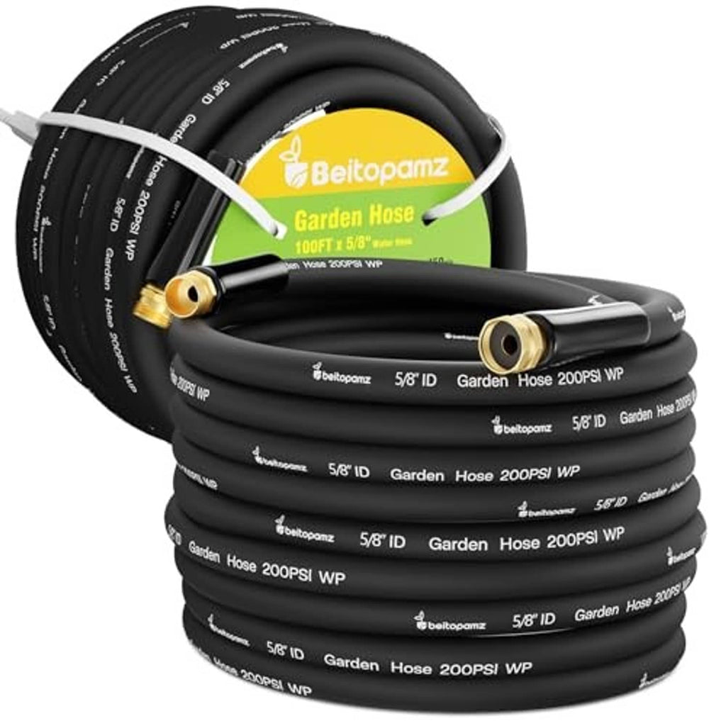 Stacked coiled black garden hose with brass male and female connectors.