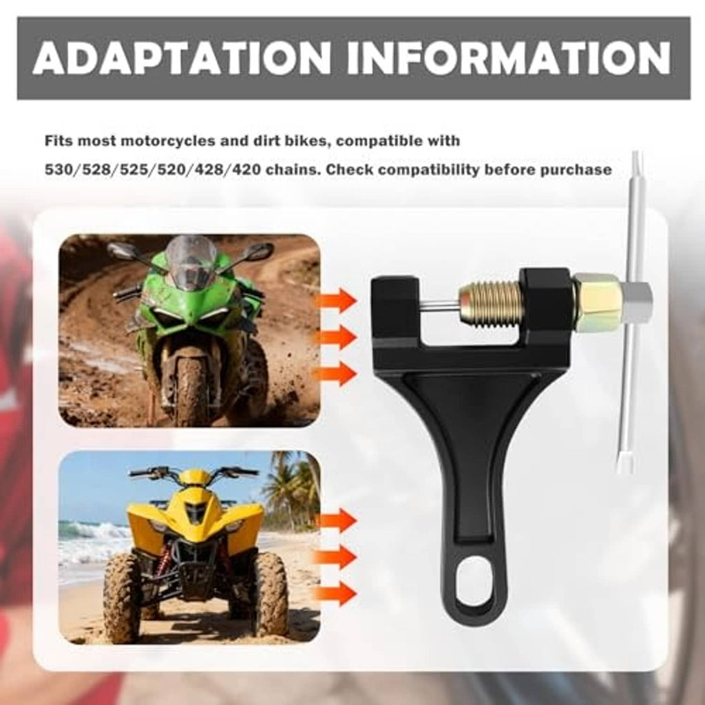Motorcycle chain breaker tool with black handle and brass threaded adjuster, upright view