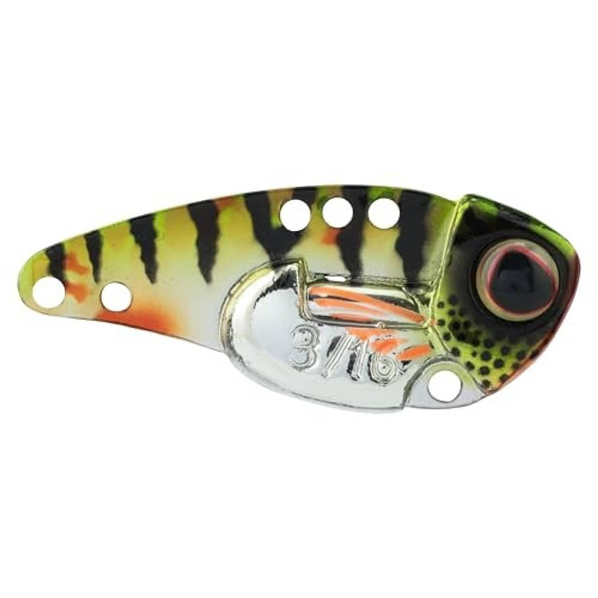 Blade bait lure, chrome and tiger stripe finish with red gill, two treble hooks