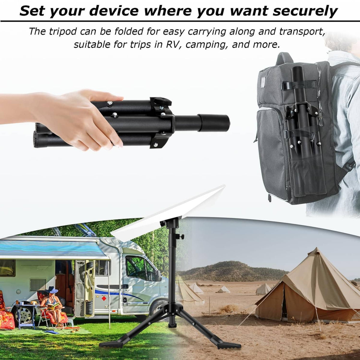 Folded tripod satellite dish mount with central locking joint and mounting bracket.