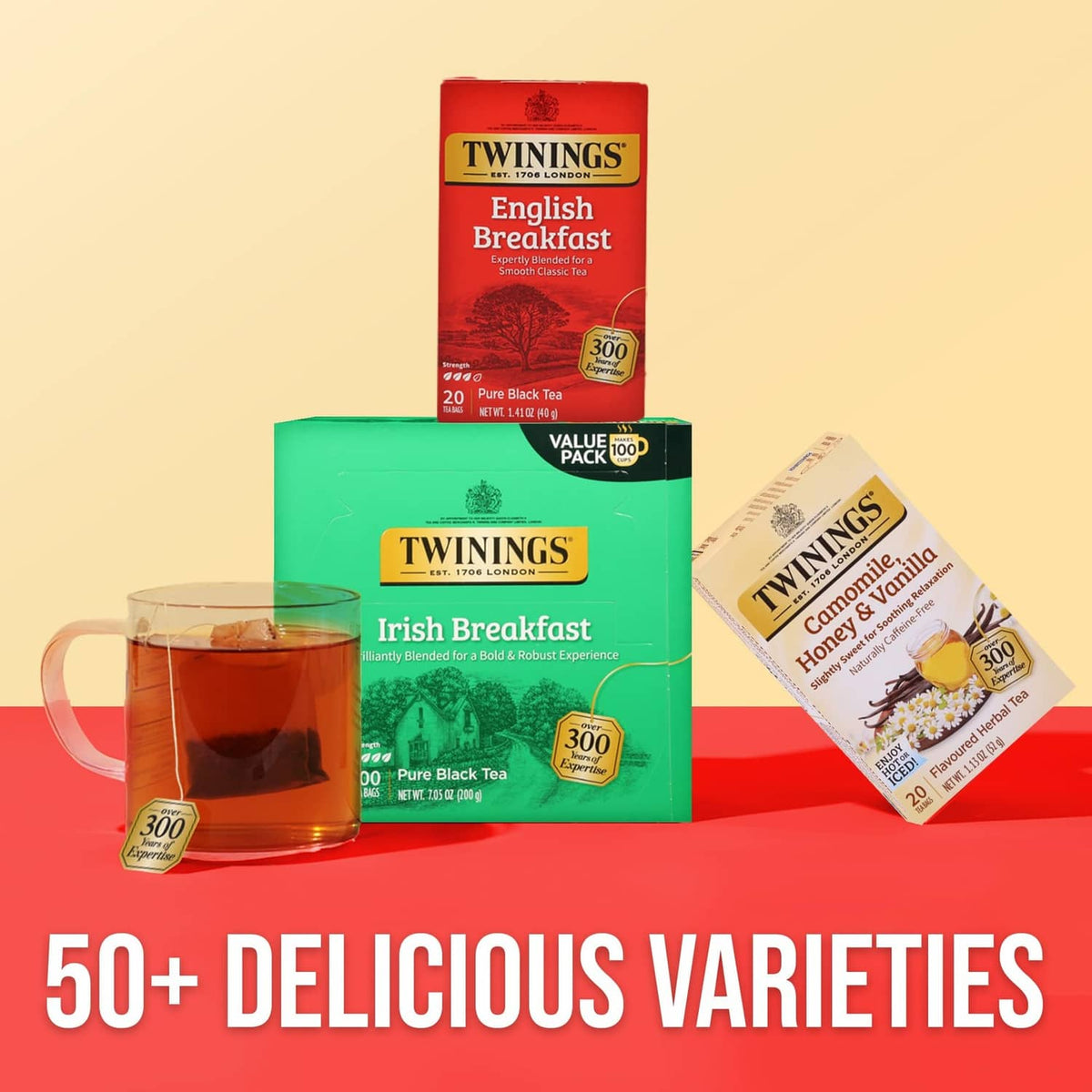 Twinings tea variety pack featuring English Breakfast, Irish Breakfast, and Honey Camomile.