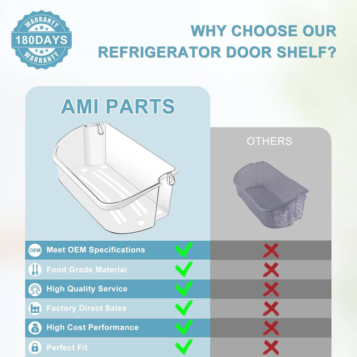 Refrigerator door bin with snap buckle, shown beside another bin type.