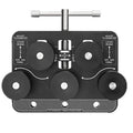 Tube straightener tool with black base, circular rollers, and adjustable aluminum handle