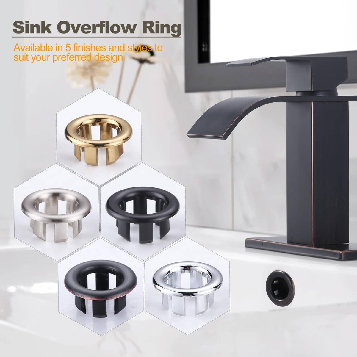 6-pack sink overflow rings, assorted finishes including oil rubbed bronze and black