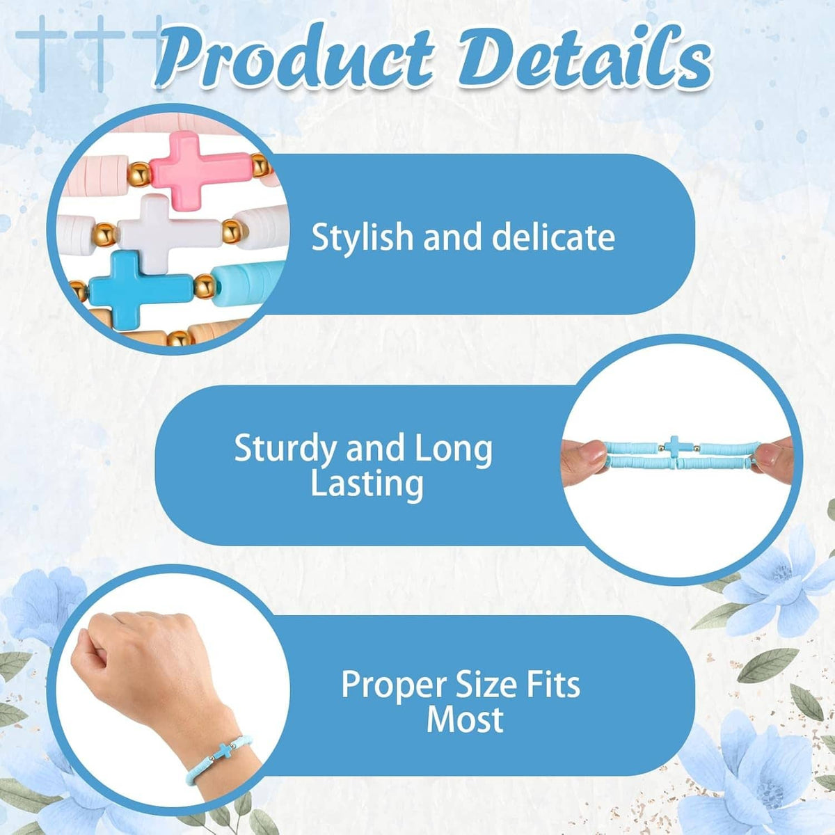 Silicone cross bracelet detail with pink and light blue bands and gold-tone cross clasp