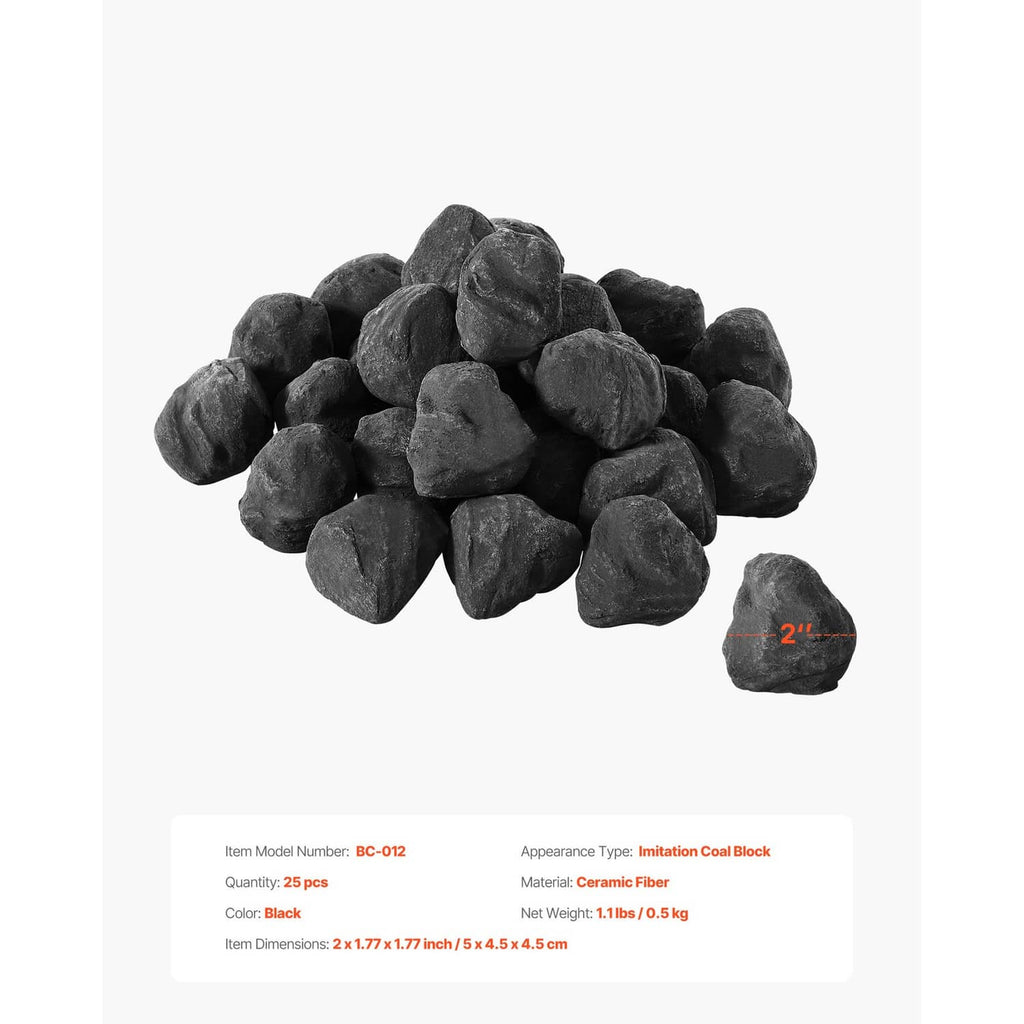Black fire pit stone set of 25, rounded rocks with 2-inch size indicator
