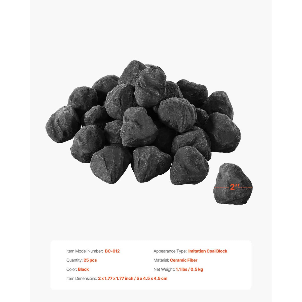 Black fire pit stone set of 25, rounded rocks with 2-inch size indicator