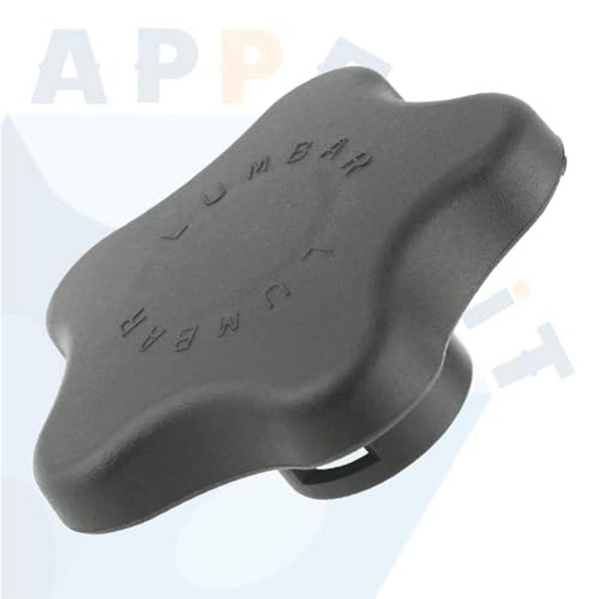 Gray lumbar support knob with embossed text on curved side and visible rim