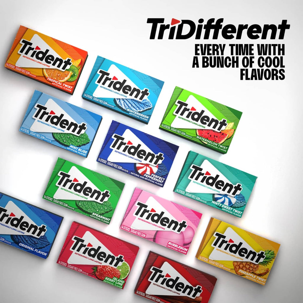 Assorted Trident gum variety packs on display, multiple flavors and colors