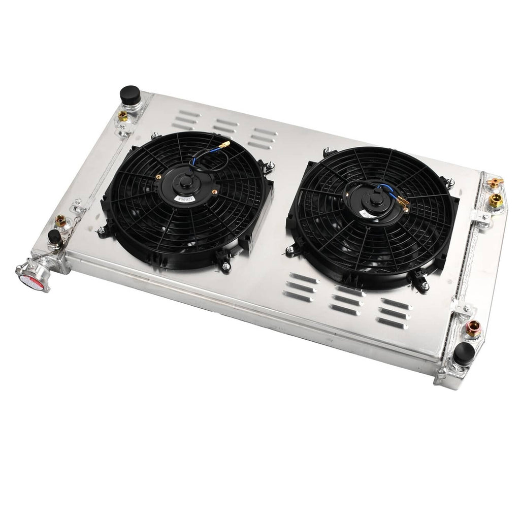 Radiator fan shroud assembly with two black cooling fans and vented silver housing