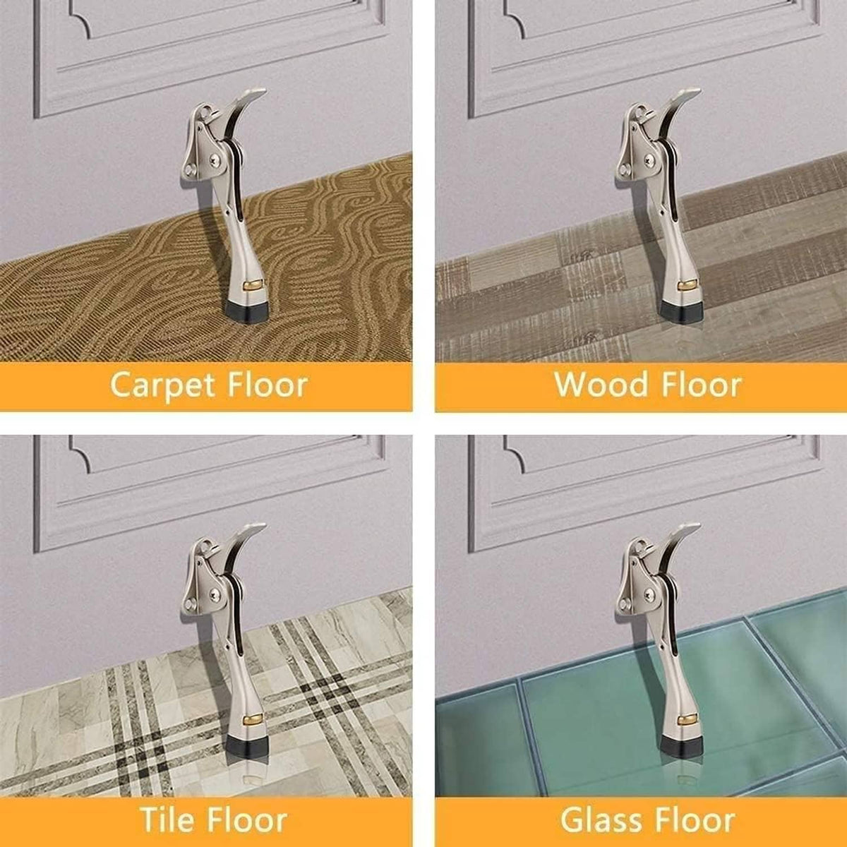 Kickdown door stopper with lever arm and rubber base, mounted on floor surface