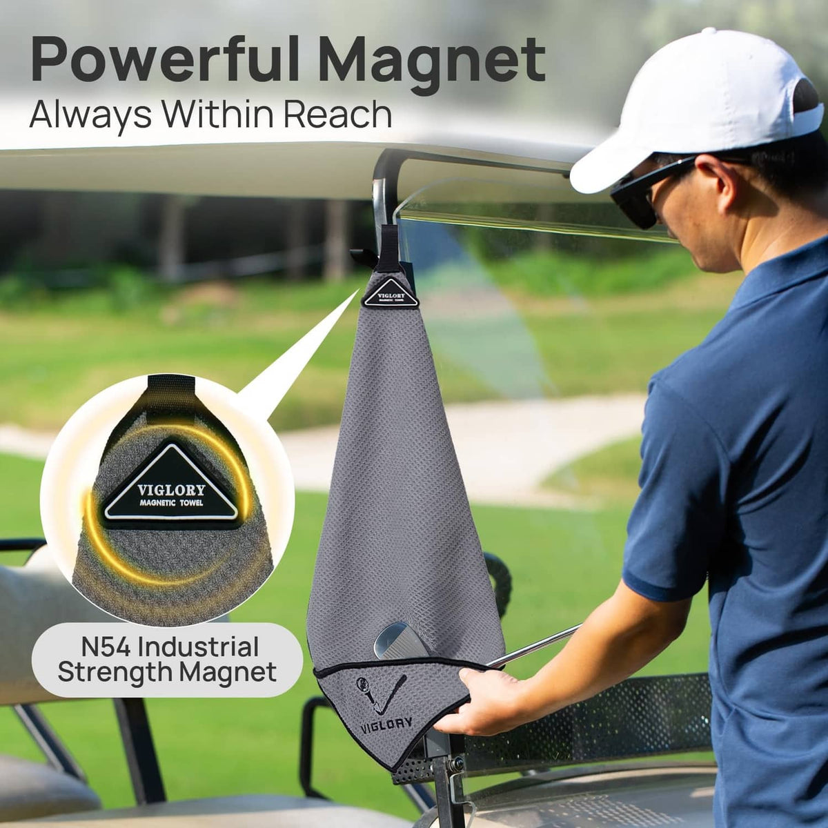 Grey magnetic golf towel with triangular magnet holder and cleaning pocket