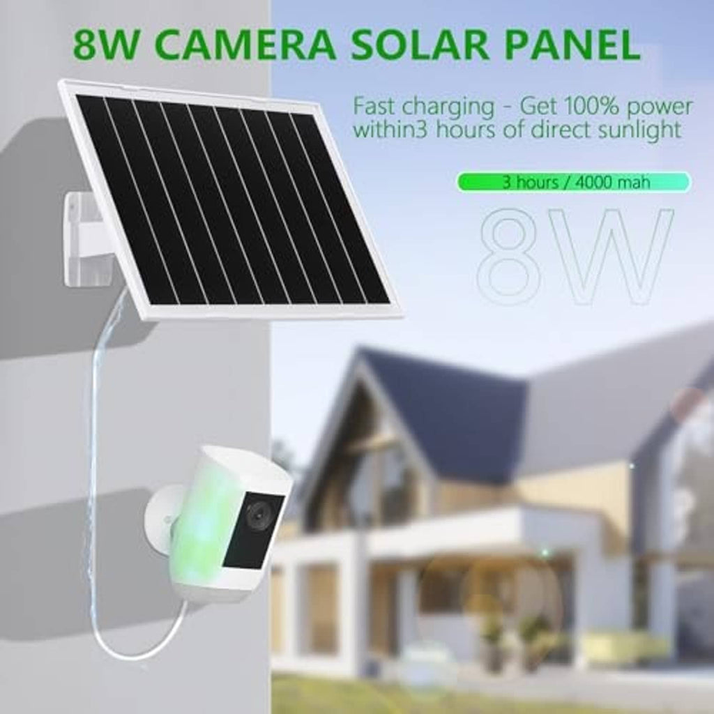 8W solar panel with fast charging setup for security camera, showing 8V solar panel