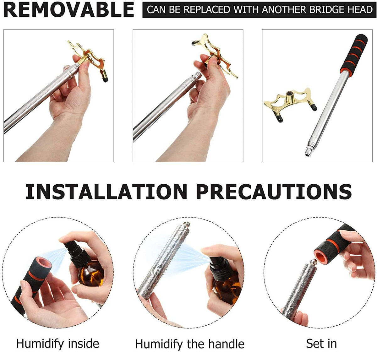 Retractable pool bridge stick with brass head held in hand and black grip