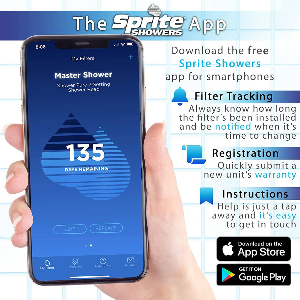 Sprite Showers app screen showing master shower filter tracking and 135 days remaining