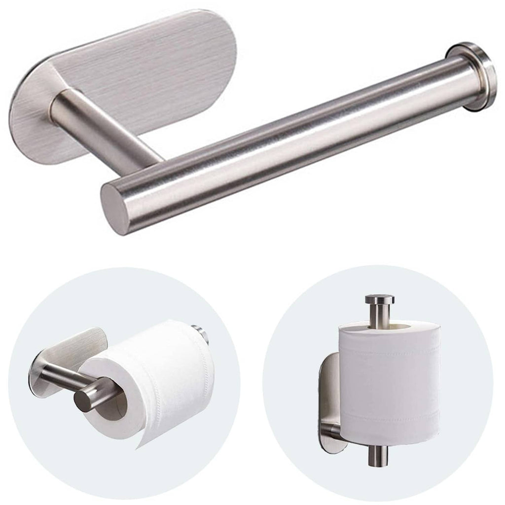 Brushed nickel toilet paper holder with horizontal bar and round wall mount base