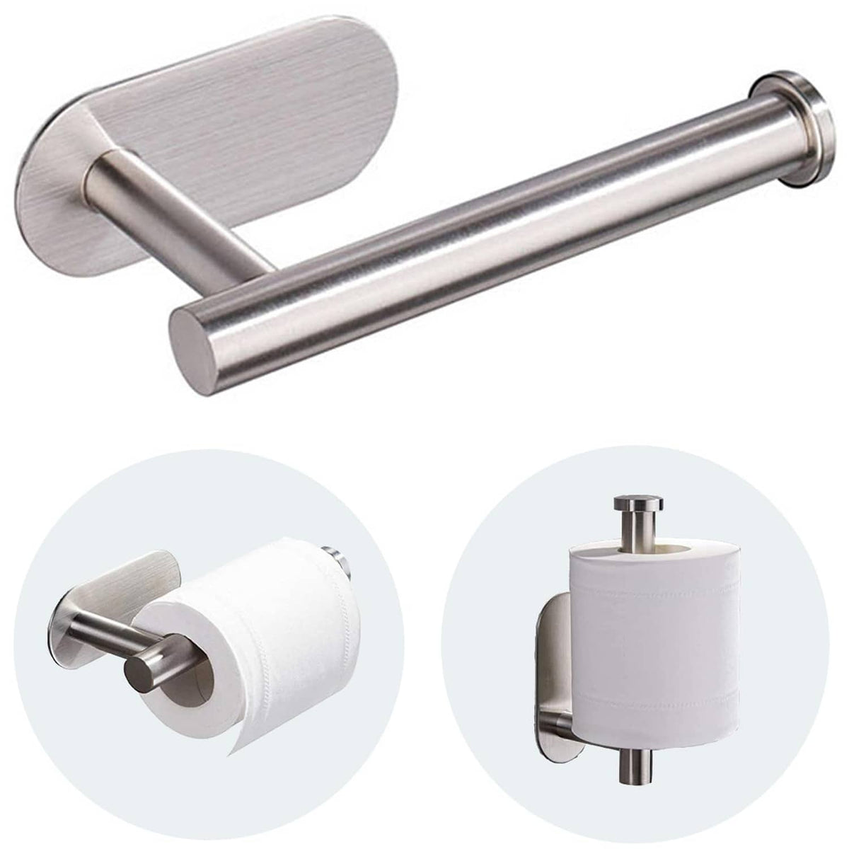 Brushed nickel toilet paper holder with horizontal bar and round wall mount base