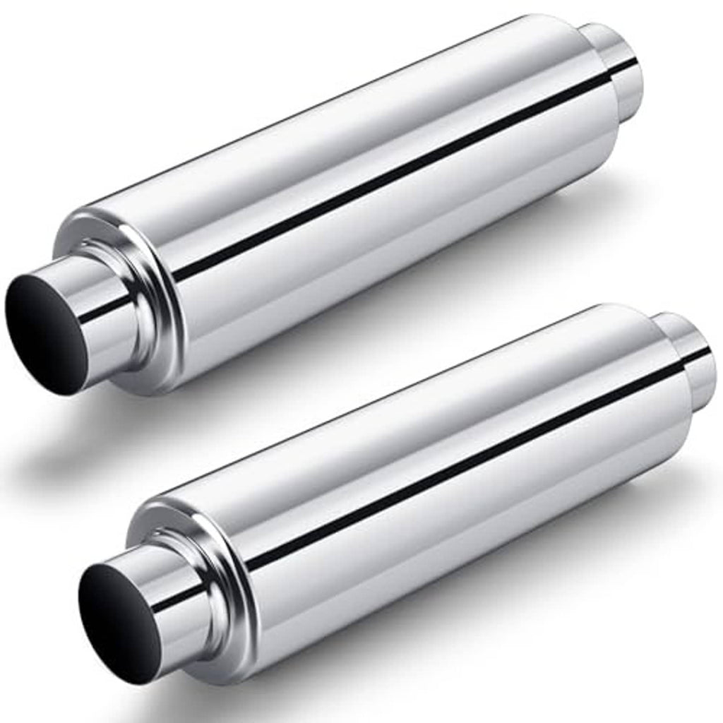 Pair of silver exhaust resonator mufflers with black ends and 19 in overall length