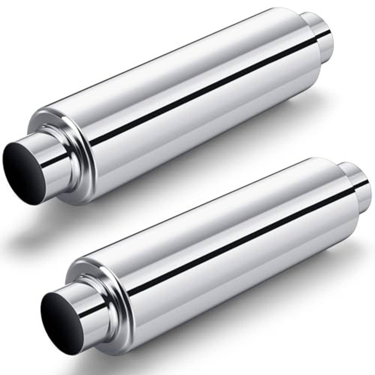 Pair of silver exhaust resonator mufflers with black ends and 19 in overall length