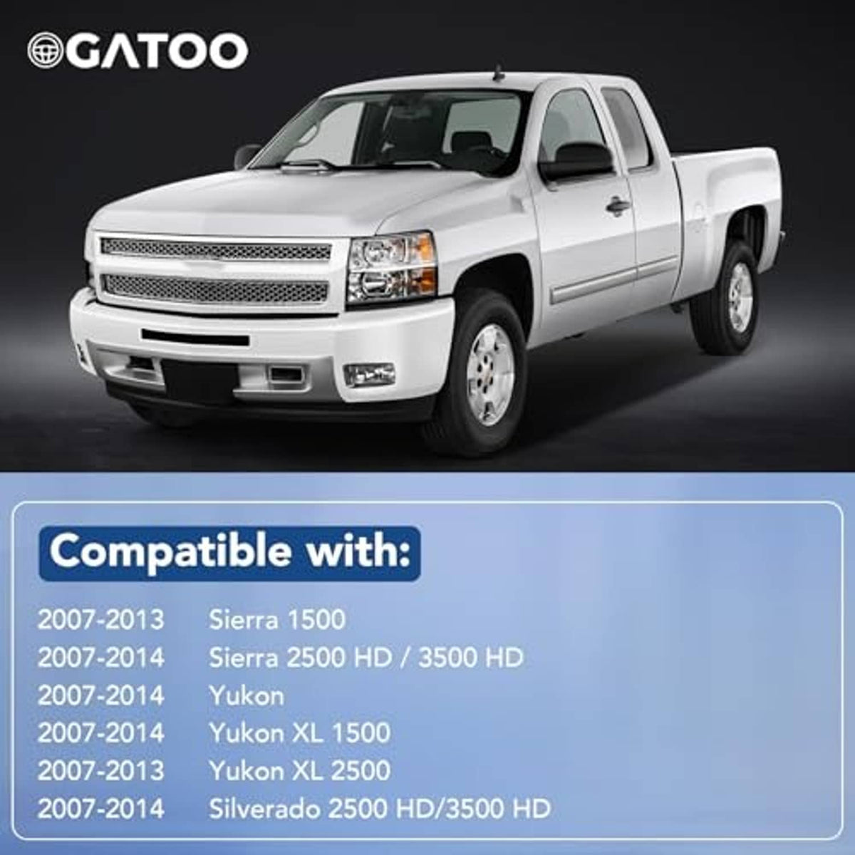 White pickup truck with compatible fitment list on the screen