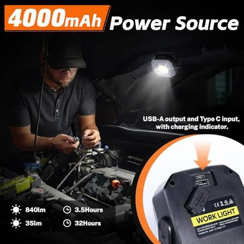 Gray rechargeable work light with USB Type-C charging port and charge indicator