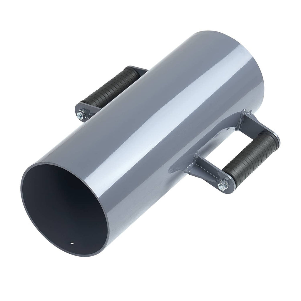 Manual fence post driver: angled gray cylinder with twin threaded rod handles