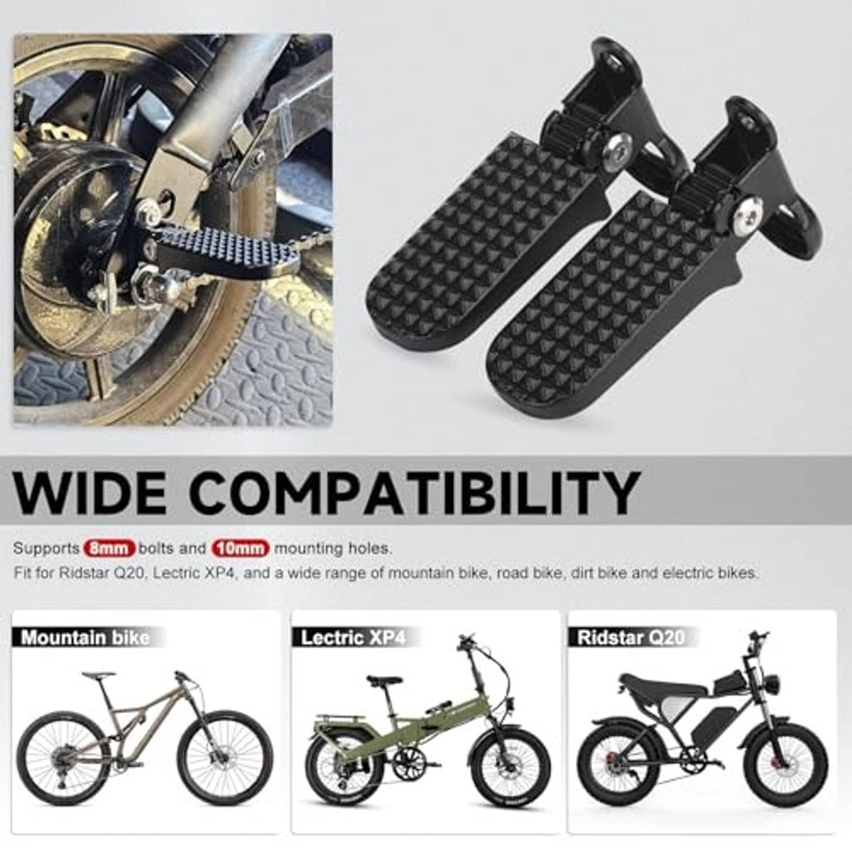 Black textured bike foot pegs with mounting bracket, shown from side and front angles