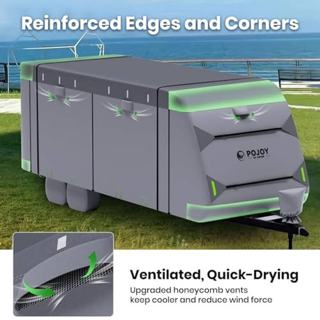 Gray RV travel trailer cover with reinforced corners and elastic hem for secure fit