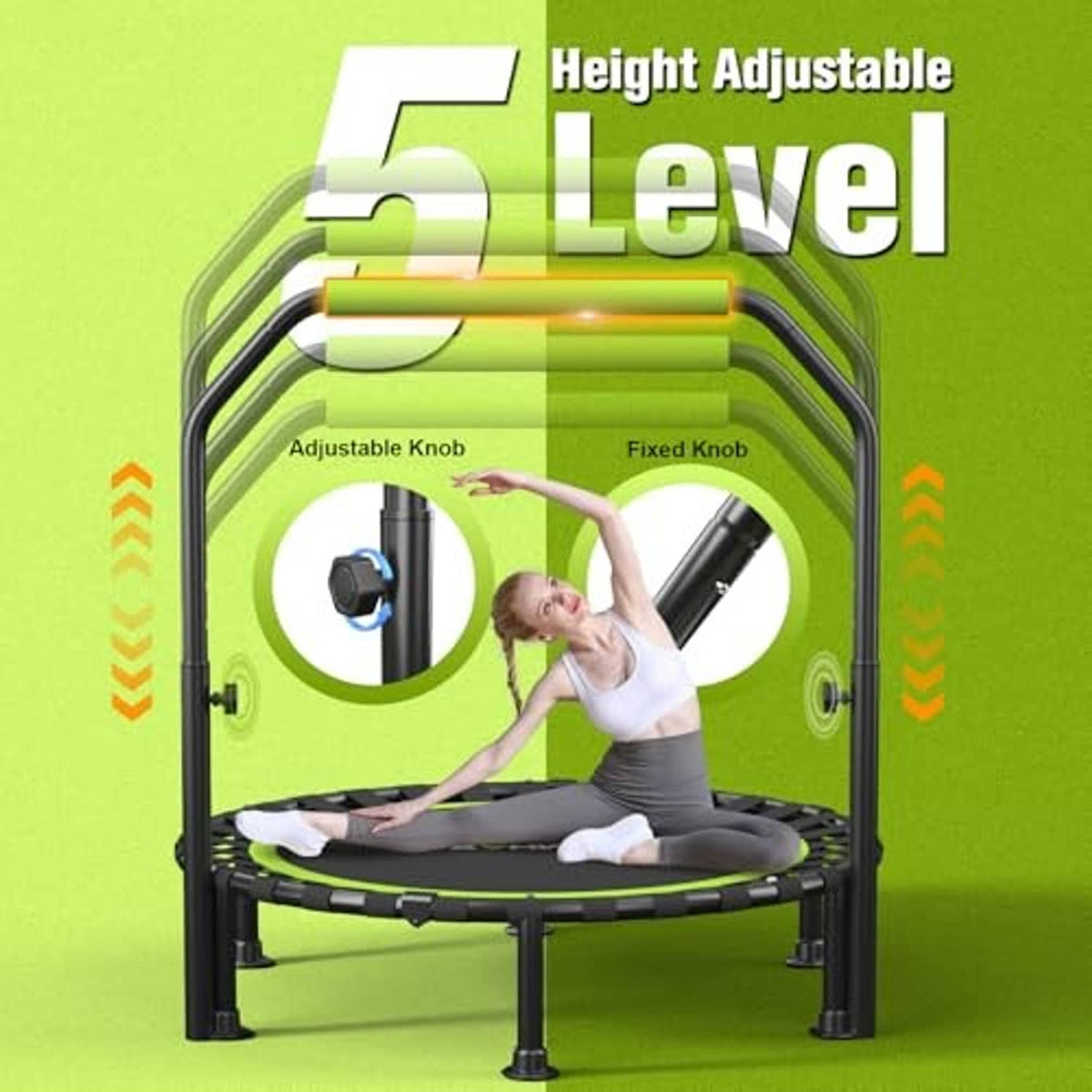 Height-adjustable mini trampoline with black frame and green handlebar, kneeling on mat