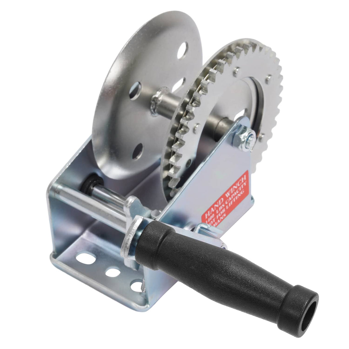 Hand ratchet winch with front drum, black crank handle, and mounting base
