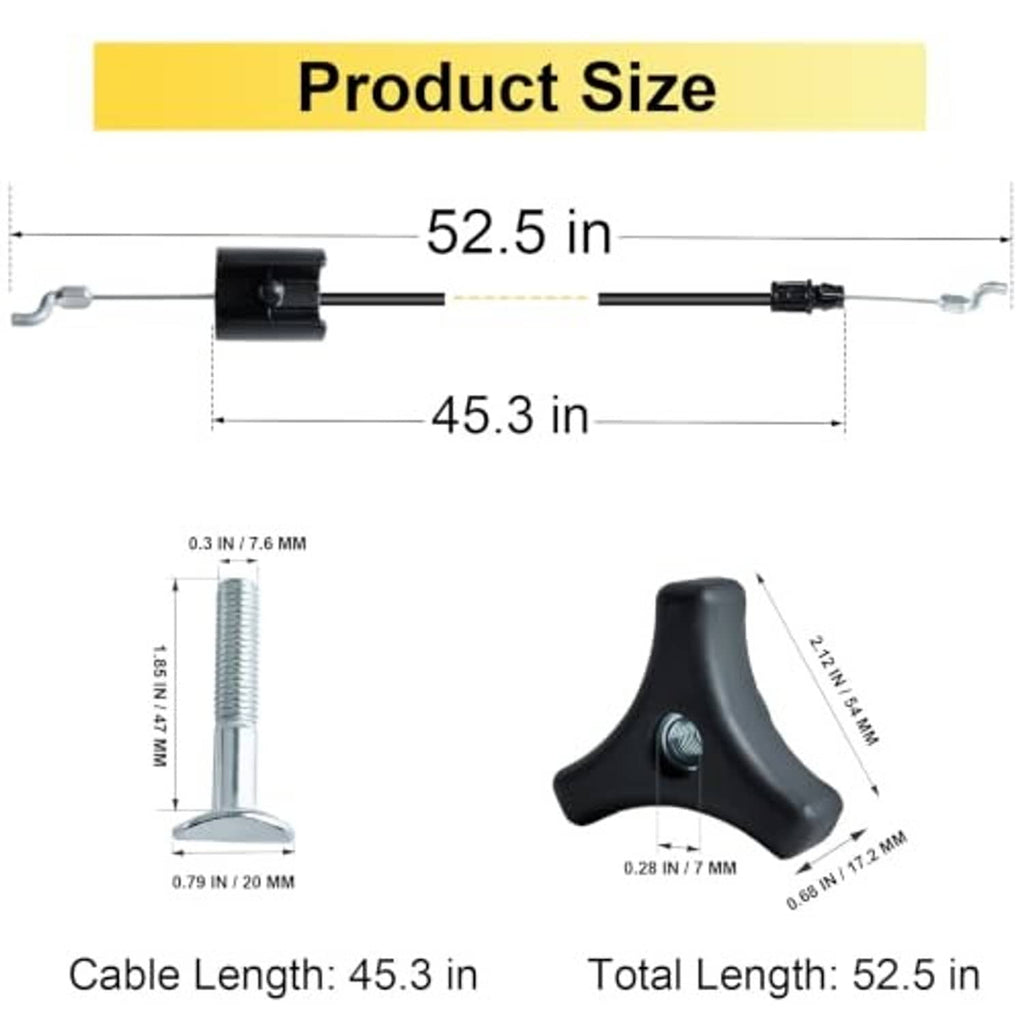 Lawn mower throttle cable kit size diagram showing cable lengths and knob dimensions