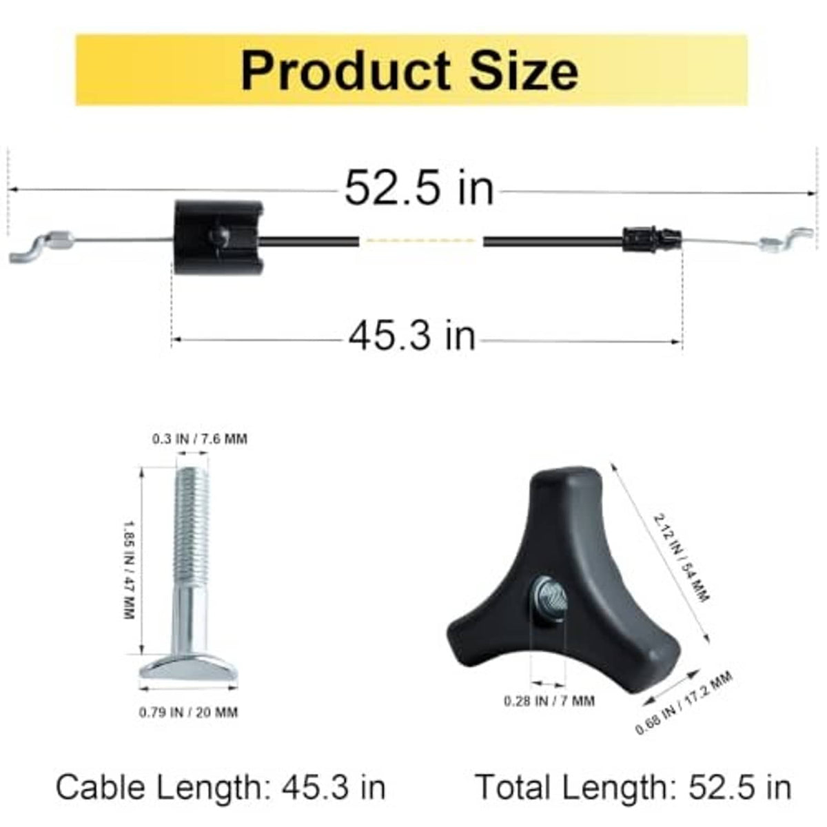 Lawn mower throttle cable kit size diagram showing cable lengths and knob dimensions