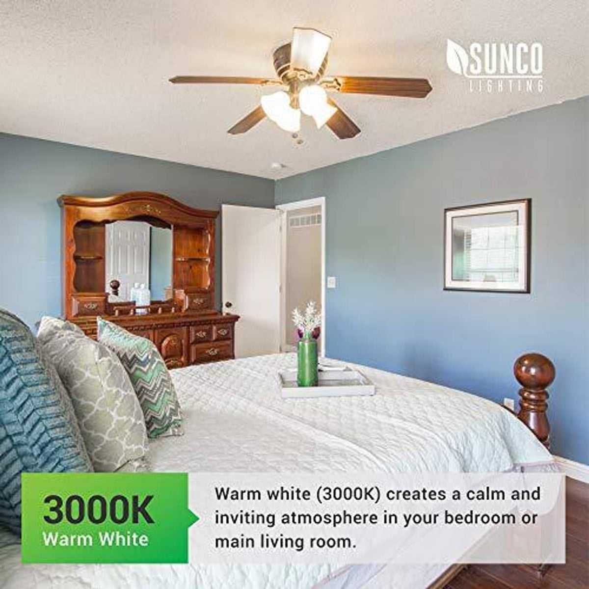 Warm white candelabra LED bulb glow used in a bedroom ceiling light
