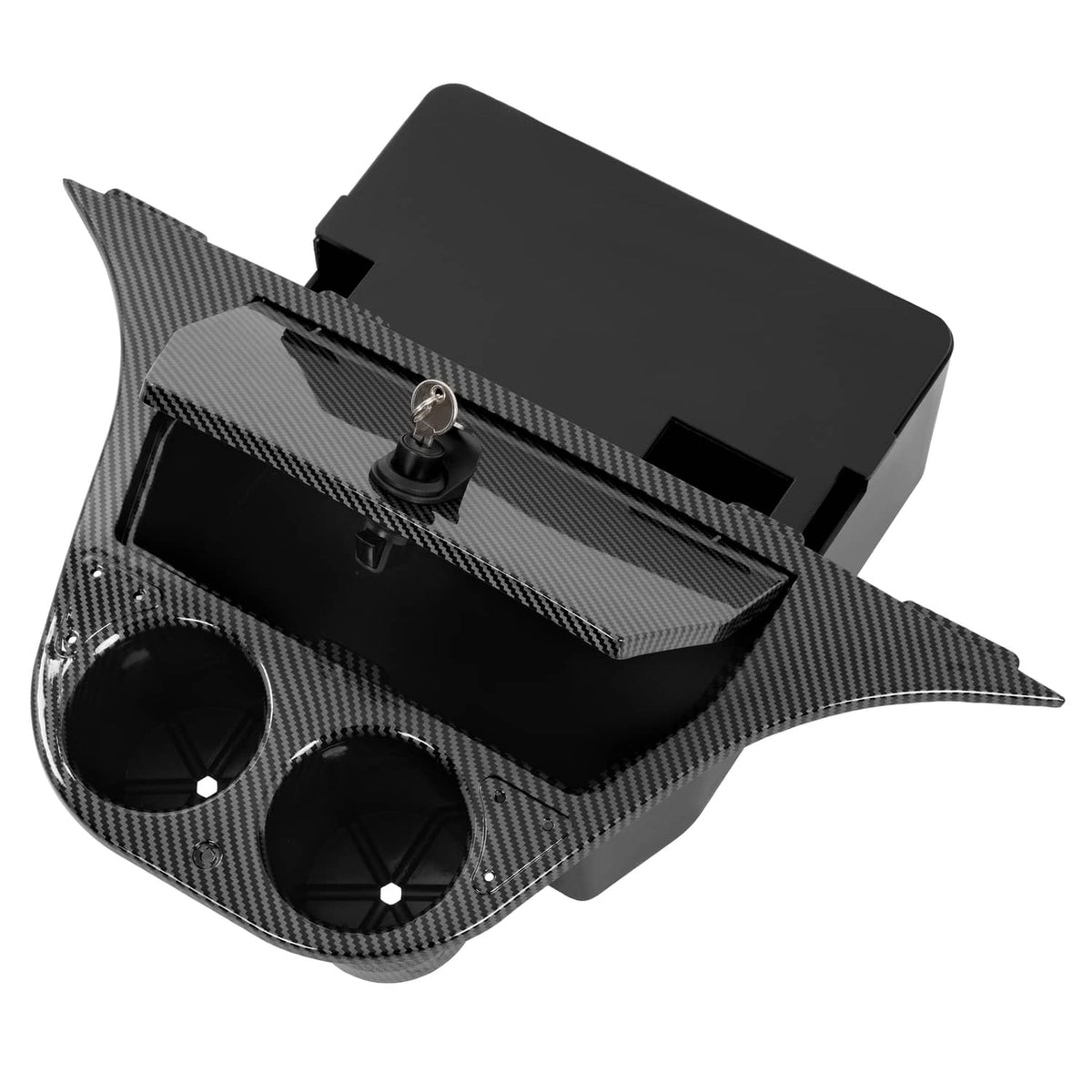 Carbon-fiber style dash compartment cover with key lock, cup holders, and cutout ports