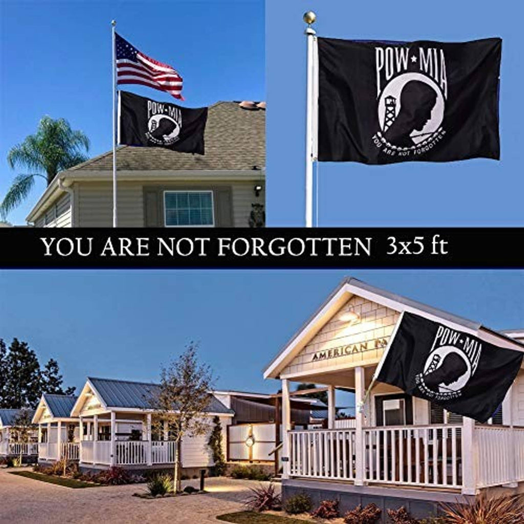 Outdoor POW-MIA flag on pole in black with POW-MIA emblem and “You are not forgotten”
