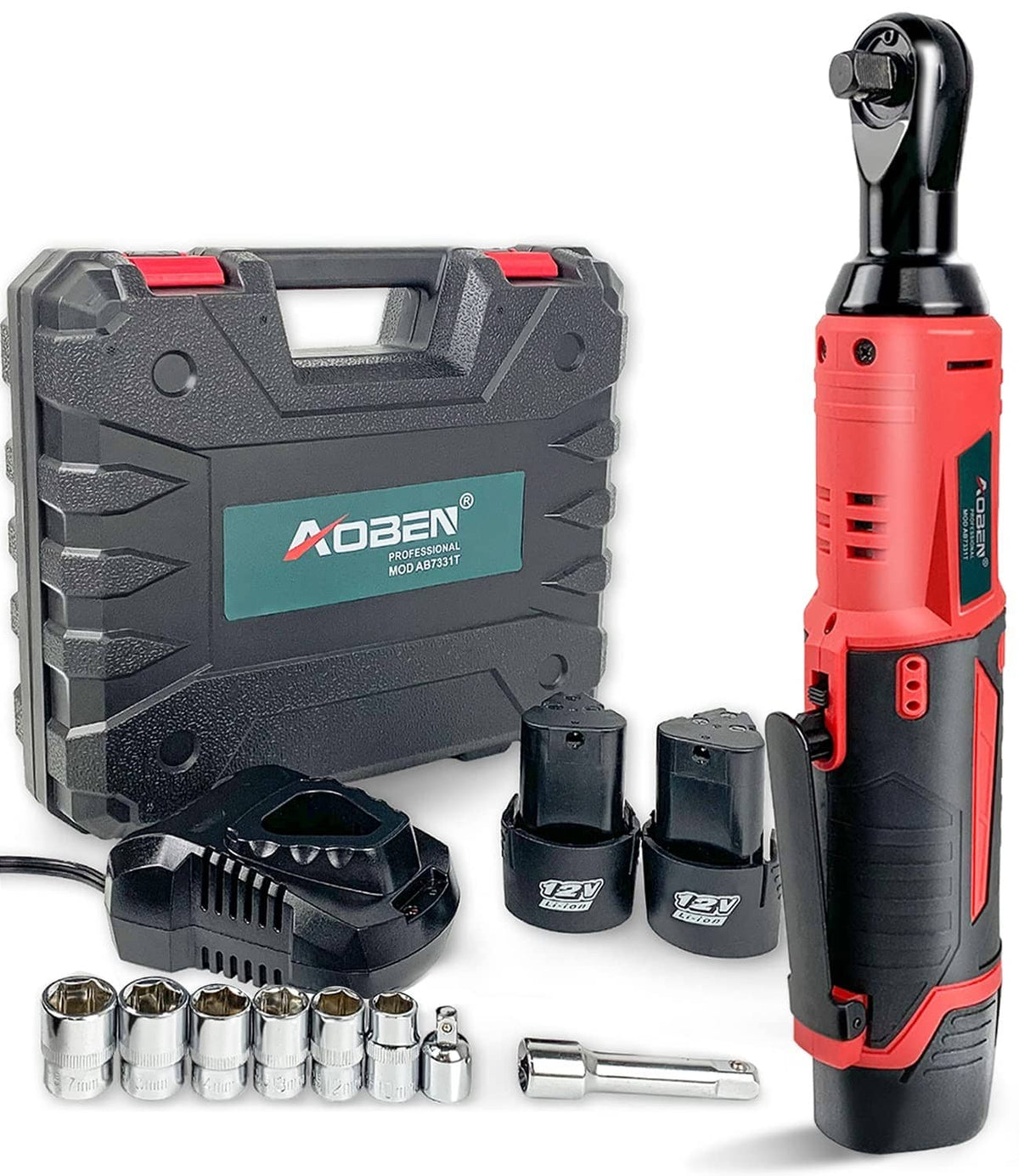 Cordless electric ratchet wrench set with 3/8-in sockets, battery tool, and storage case