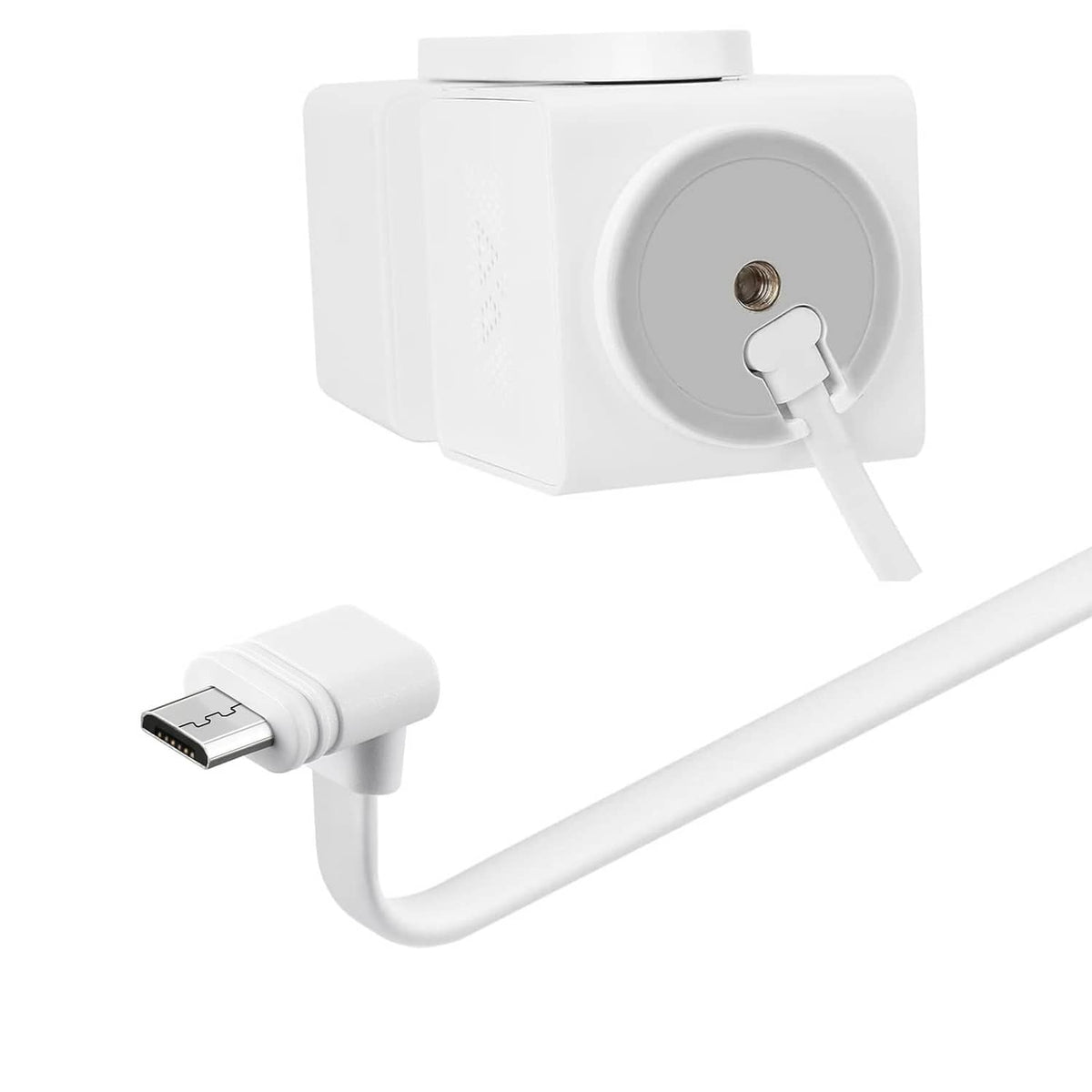 White micro USB power cable connected to a security camera power port