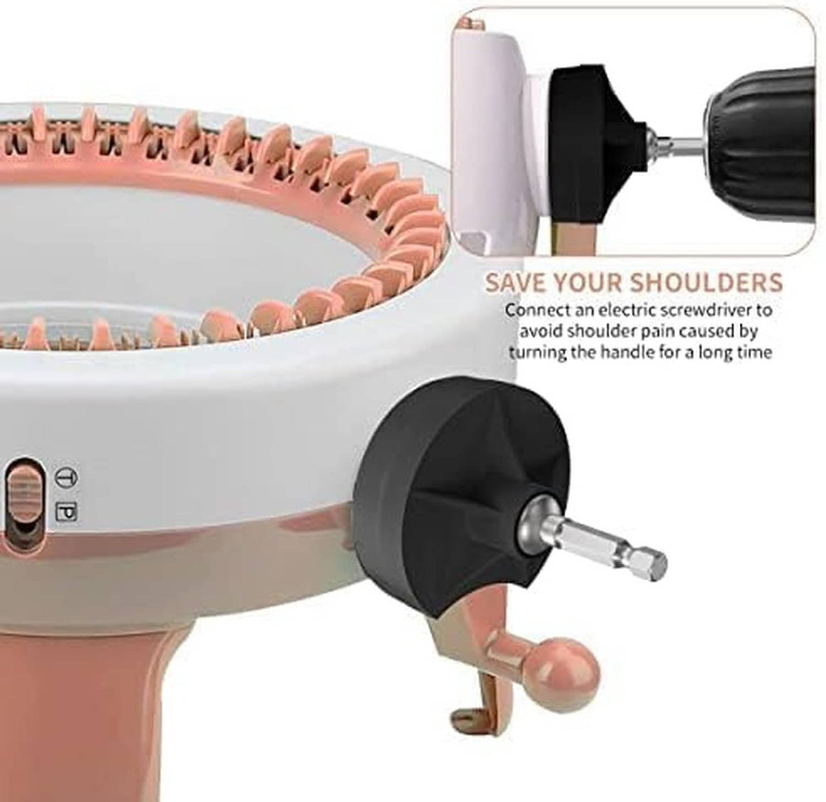 Knitting machine adapter with black motor head, pink arm, and metal tool bit