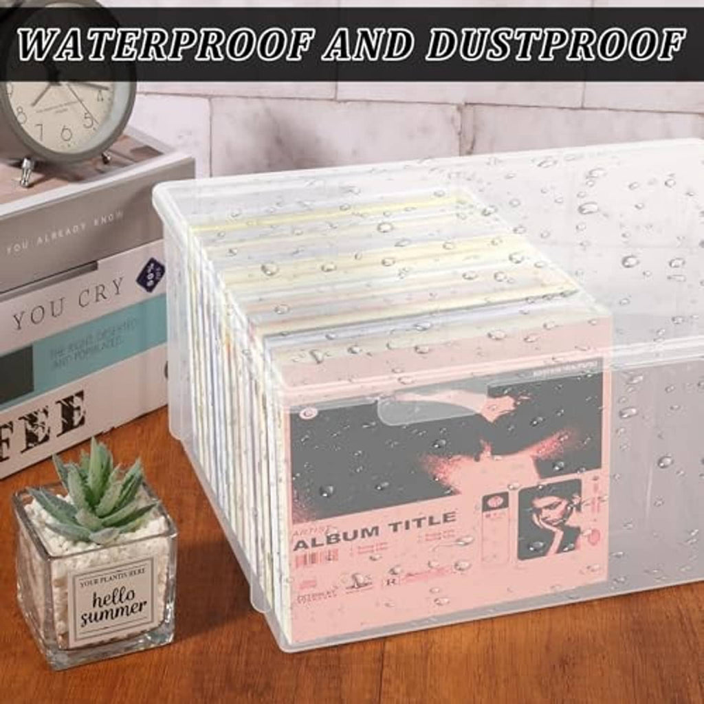 Clear plastic CD storage box with hinged lid, CDs visible with water droplets