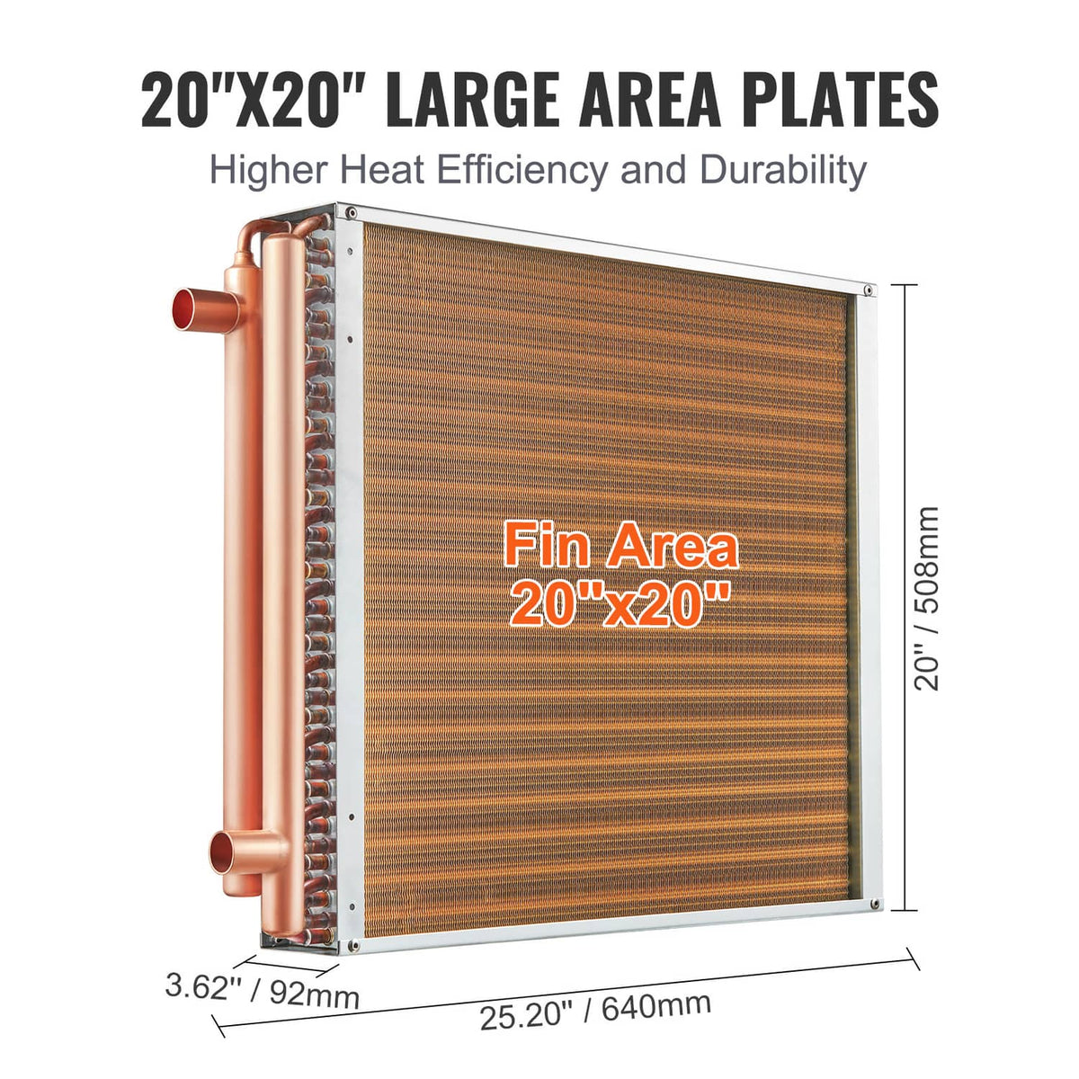 Water-to-air heat exchanger square plate with copper inlet/outlet tubes and fin core