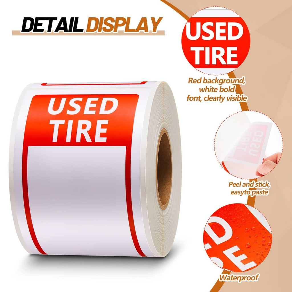 Red USED TIRE label sticker roll with large blank white label area