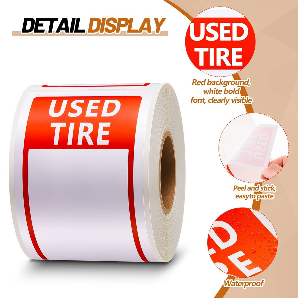 Red USED TIRE label sticker roll with large blank white label area
