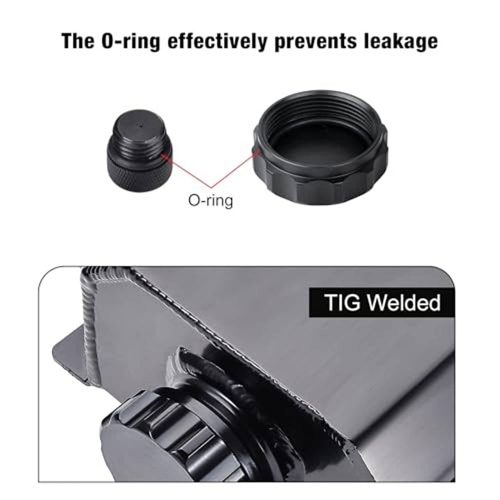 Coolant overflow tank detail with O-ring seal and TIG-welded seam on reservoir body