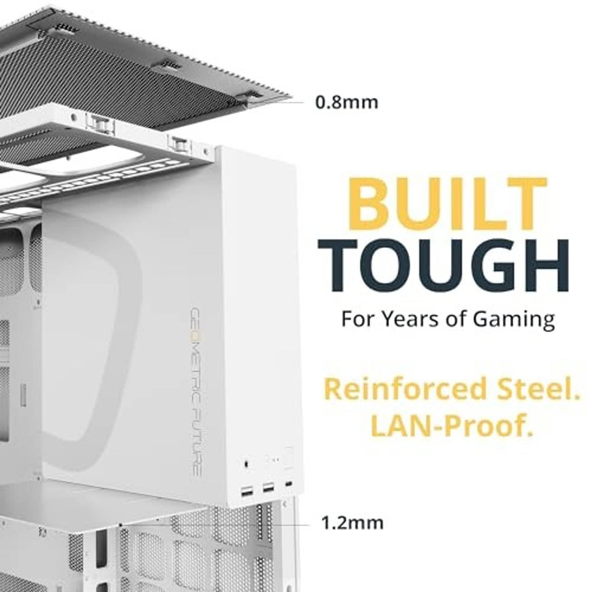 White reinforced steel PC case frame with mesh top and vented panels