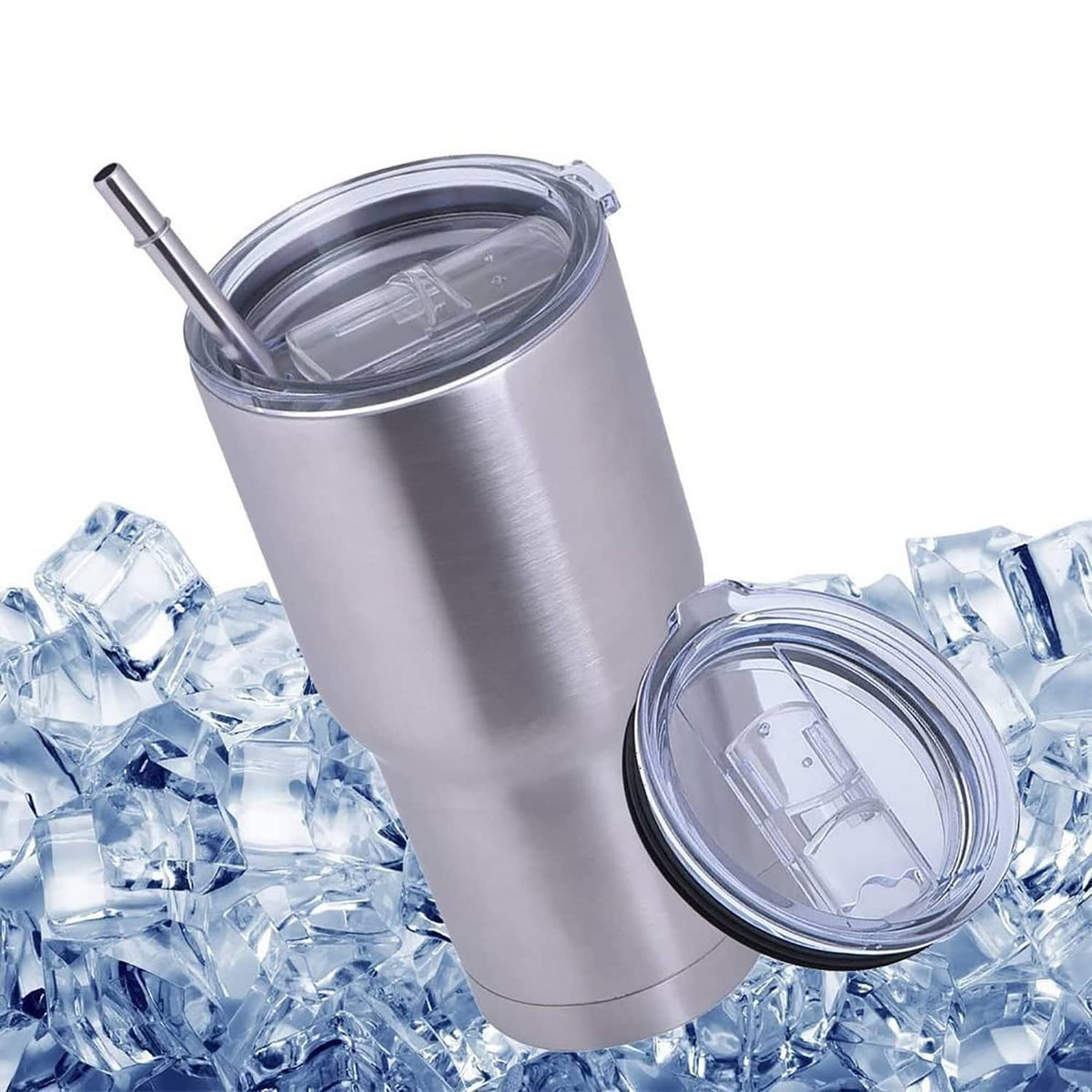 Clear slide-on lid with snap tab for stainless tumbler top opening; transparent design