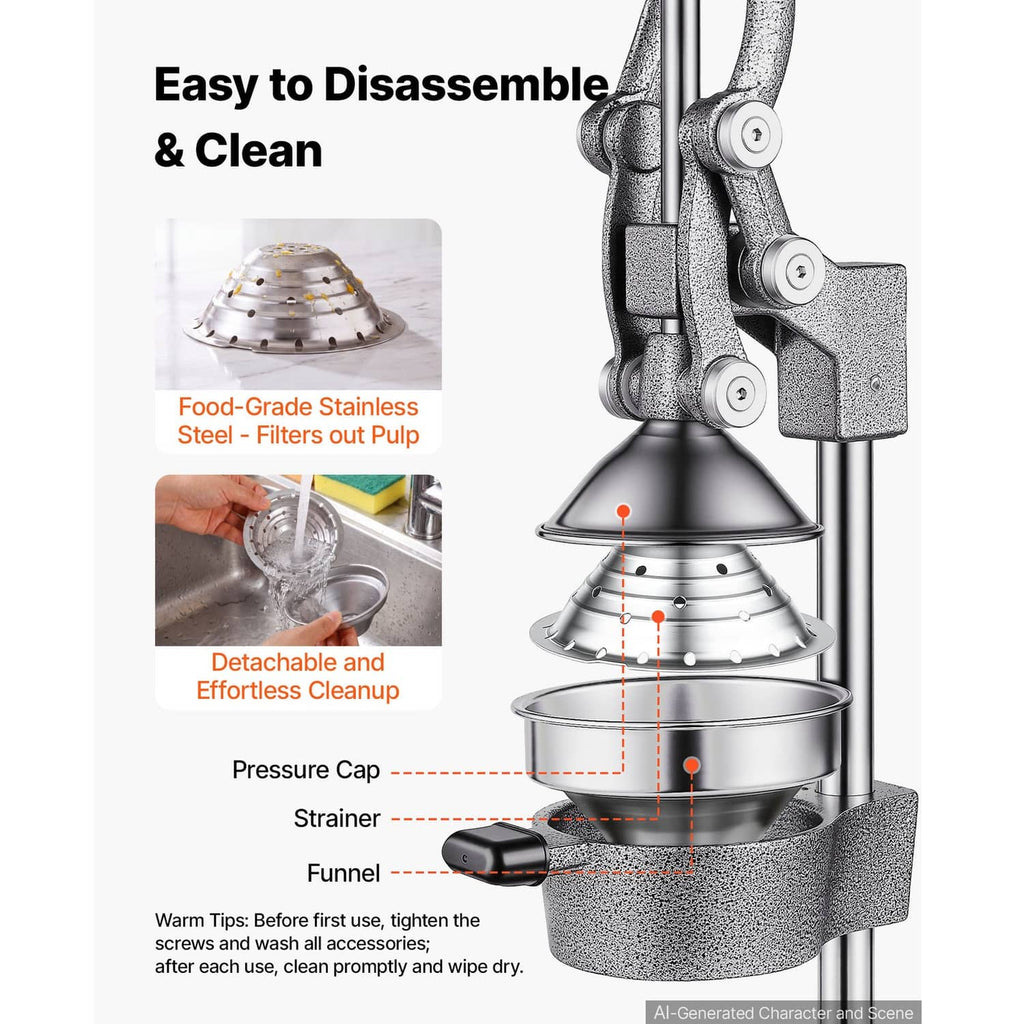 Manual citrus juicer with detachable pressure cap and funnel, silver-gray metal