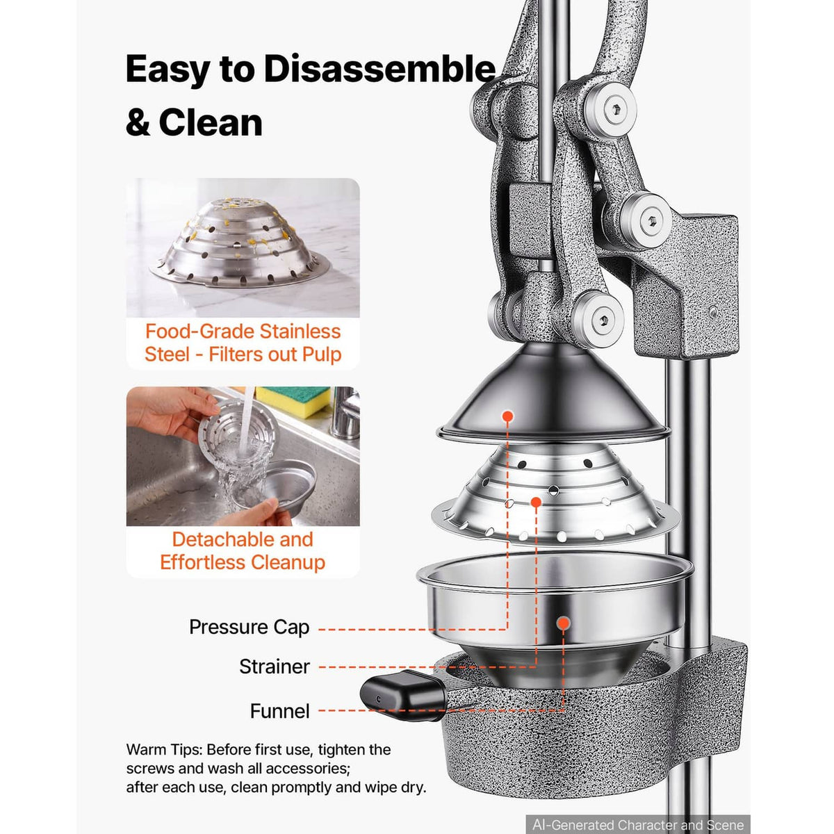 Manual citrus juicer with detachable pressure cap and funnel, silver-gray metal