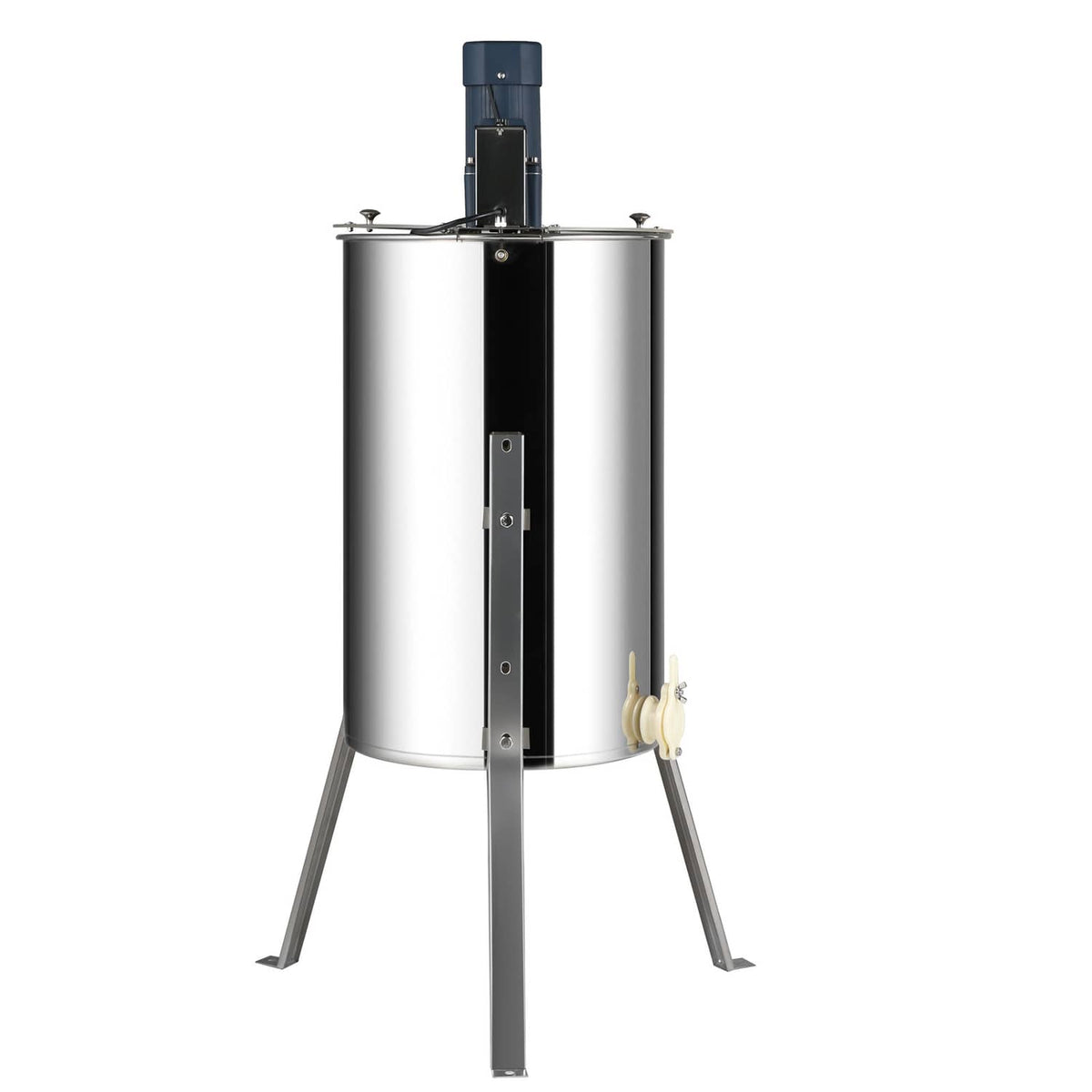 Stainless steel electric honey extractor with motor housing and tripod legs