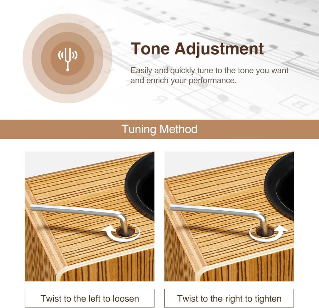 Wooden cajon drum with circular sound hole and adjustable tone control hardware
