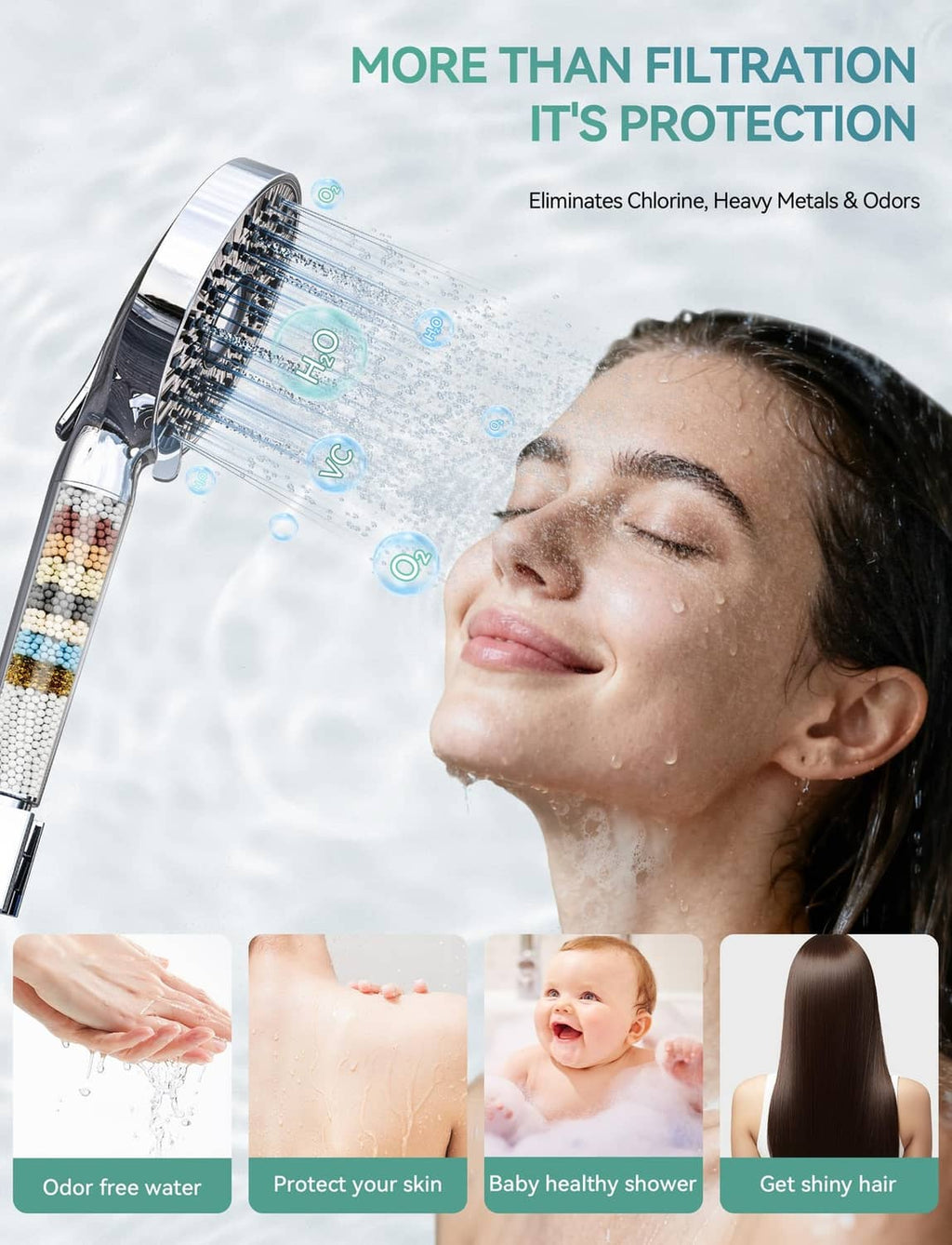 Chrome handheld shower head with water spray and filter cartridge display